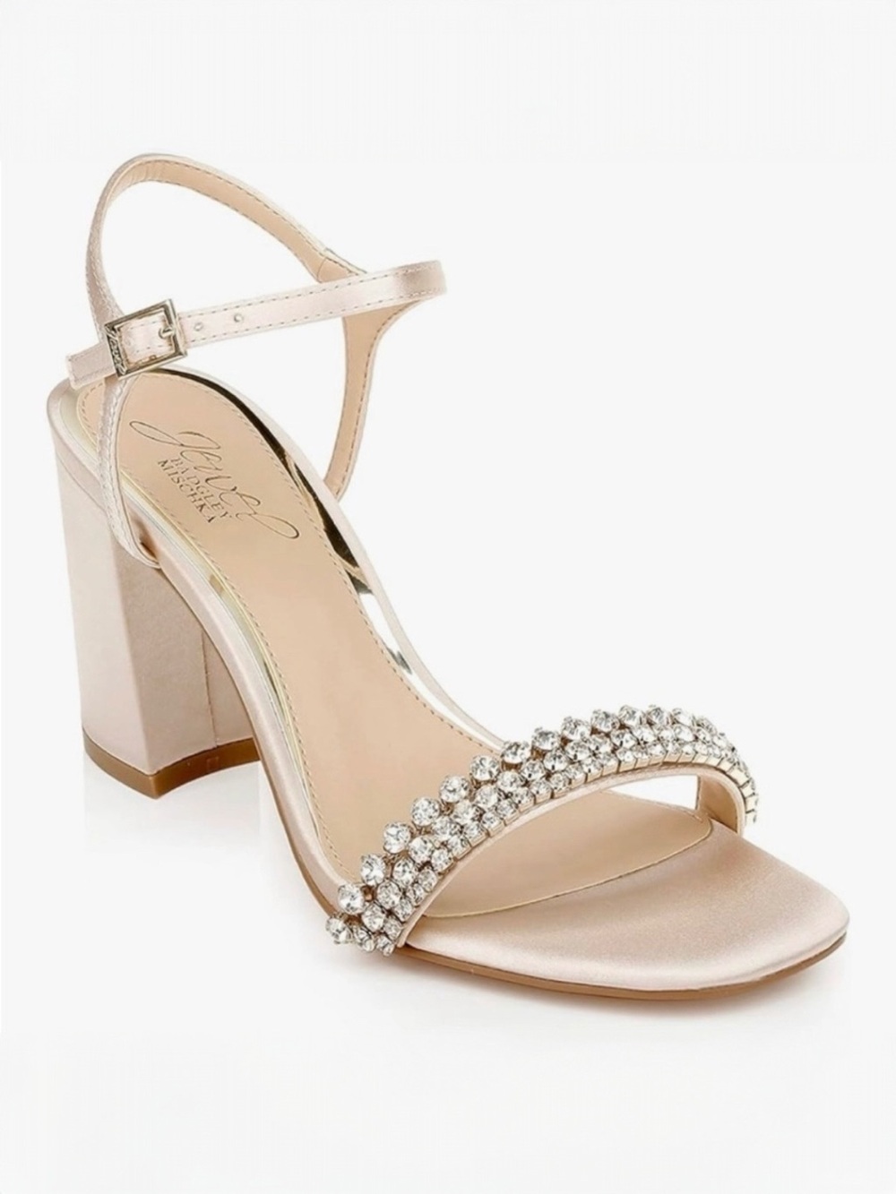 Jewel Badgley Mischka Lori Crystal Block Heel Sandals Champagne Satin Size 9